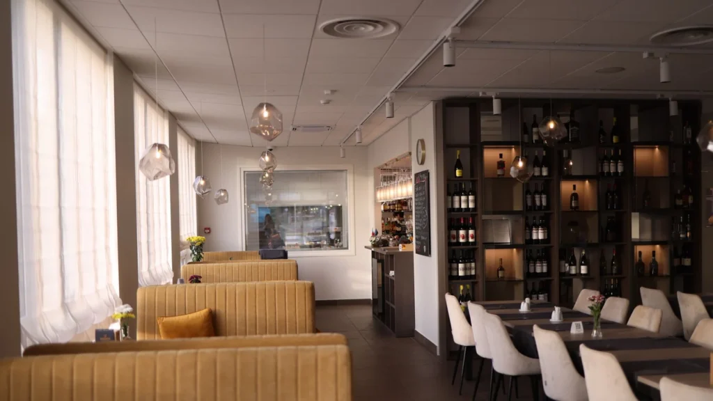 Application reference: a restaurant dining area with upholstered booth seating
