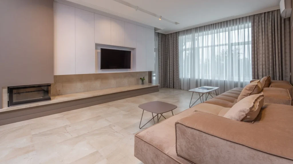 Application reference: a large pale sofa and low tables in a coordinated living room