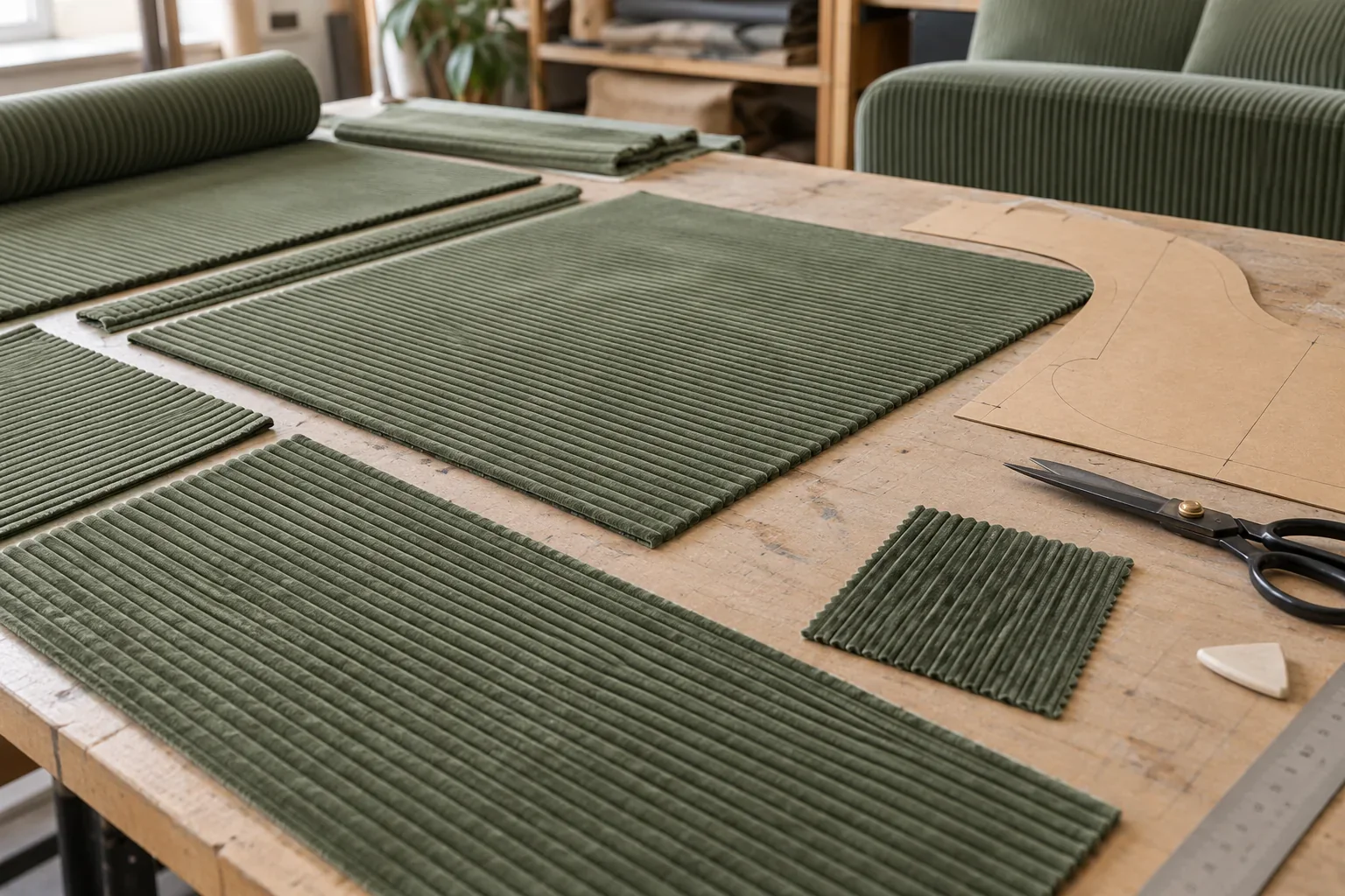 Corduroy upholstery panels aligned for cutting