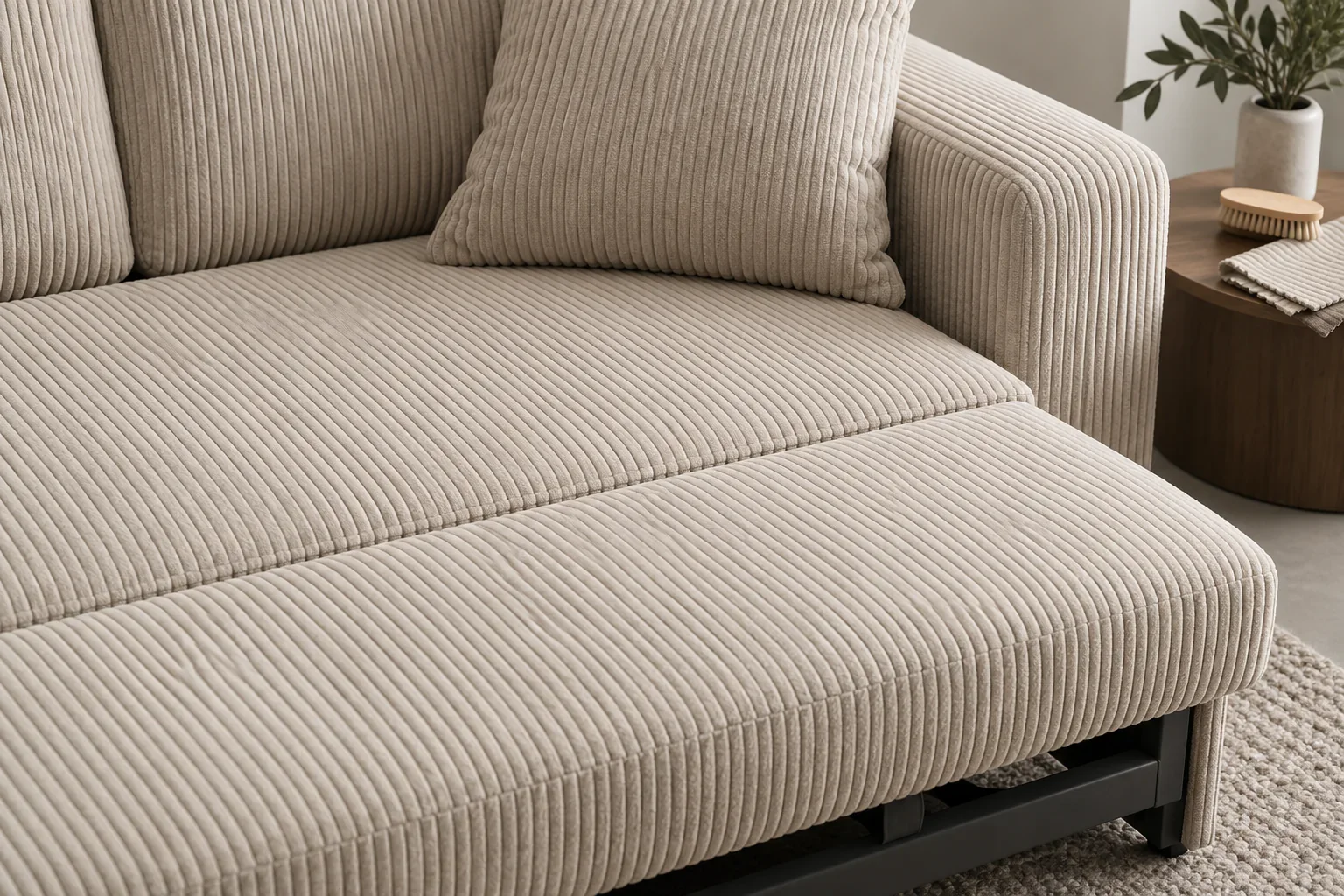 Close view of ribbed corduroy sleeper upholstery and seam