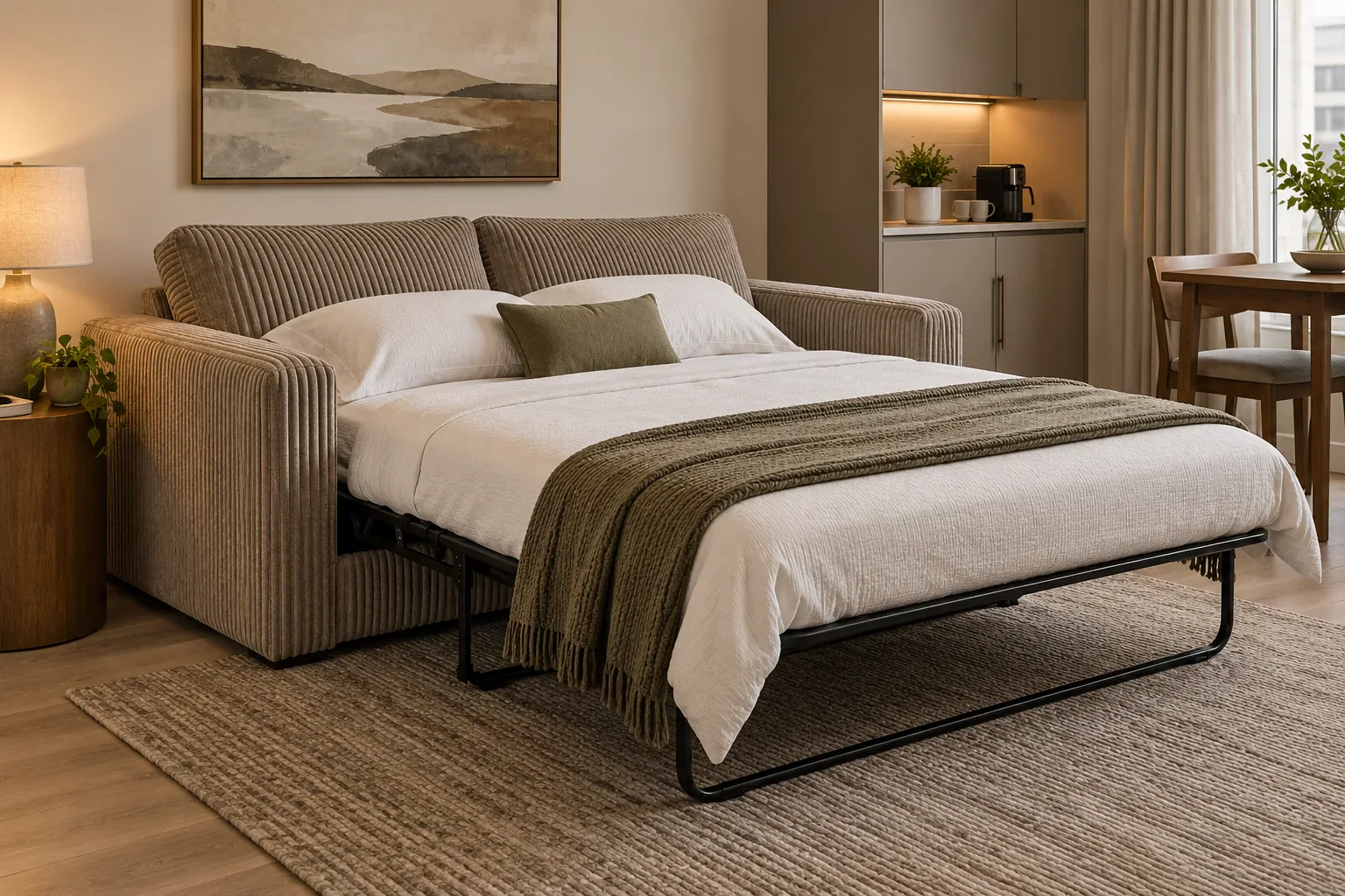 Corduroy sleeper sofa concept in an apartment guest room