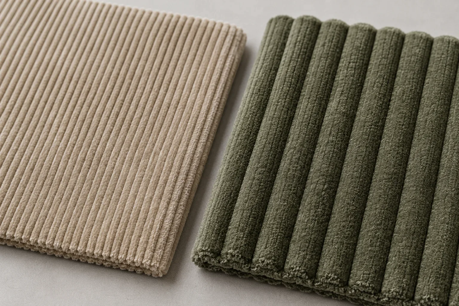 Fine-wale and wide-wale corduroy upholstery swatches