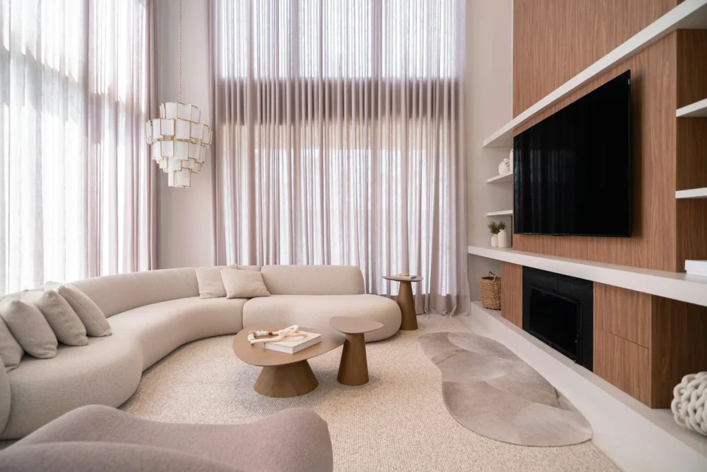 Pale curved sectional seating around low tables in a bright living room