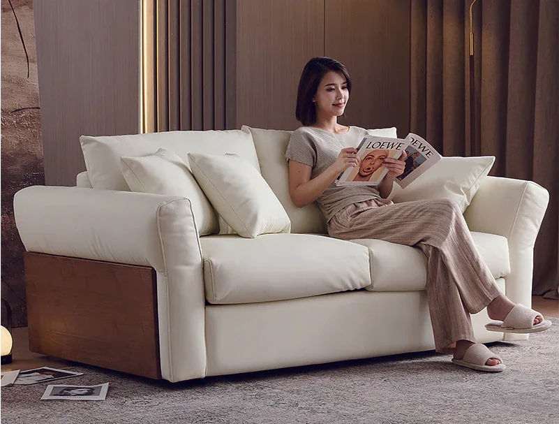 HX-SFB-046 wood-panel arm sofa bed in a furnished living space