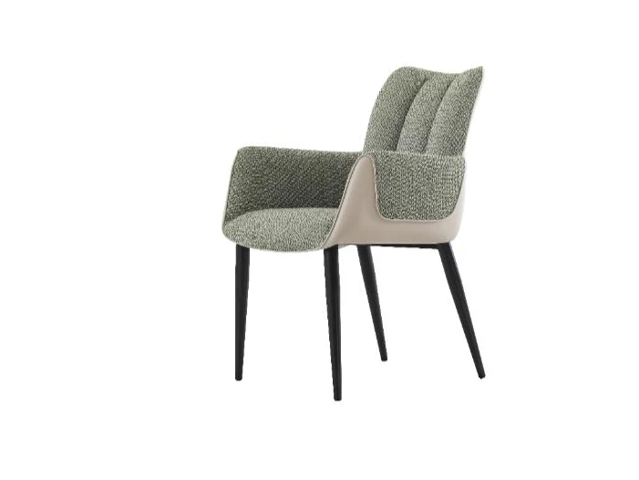 Padded dining armchair with separate back cushion, upholstered arms and slim legs