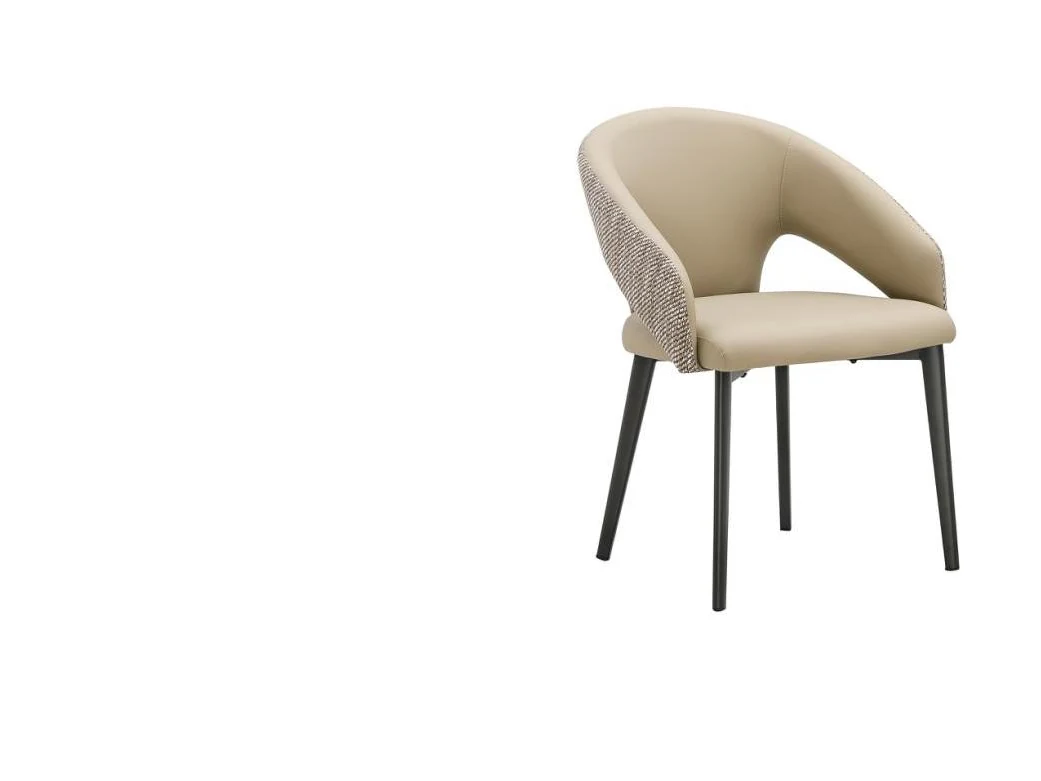 Half-wrap dining armchair with triangular side opening and dark metal legs