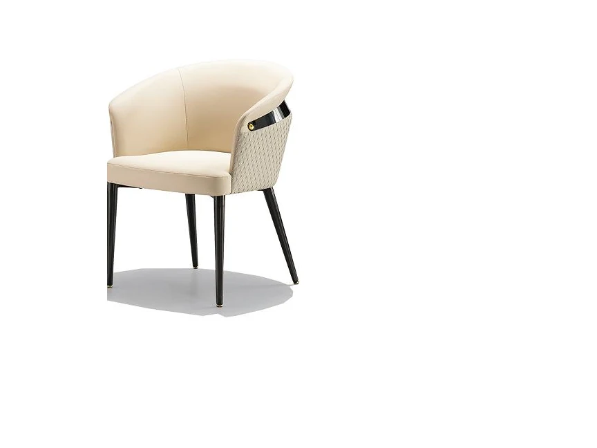 Open-arm dining chair with black frame and woven-look back treatment