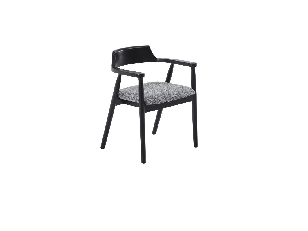 Black open oak-frame dining armchair with a grey upholstered seat