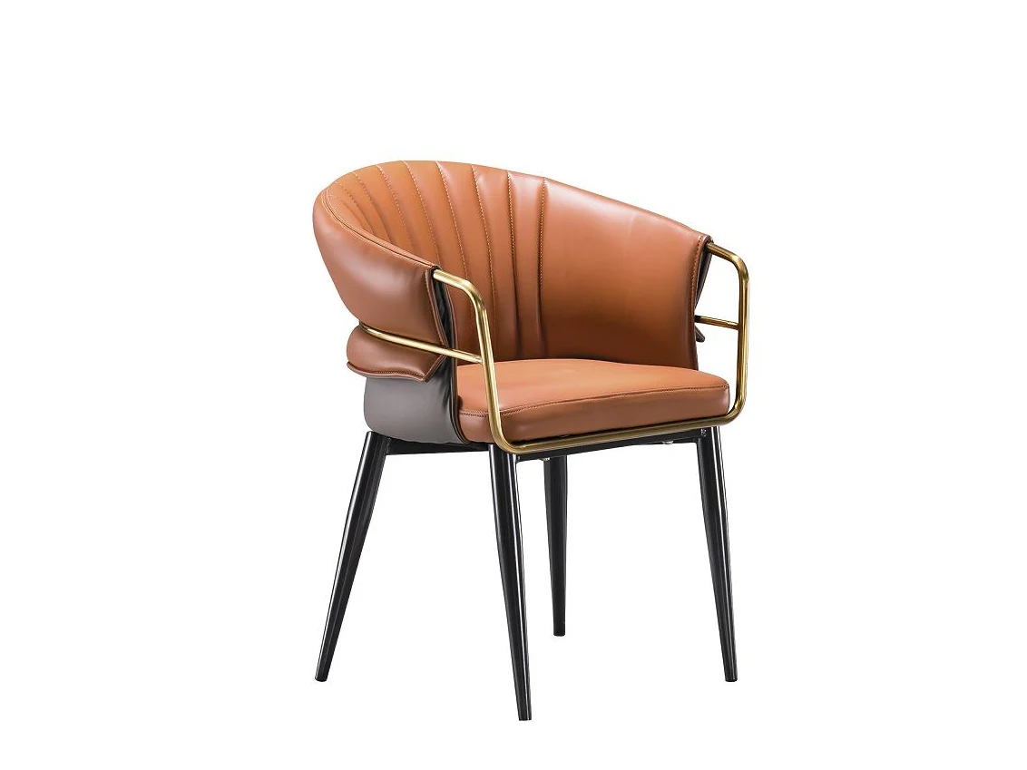 Curved-back dining armchair with gold-tone arm connectors and dark legs