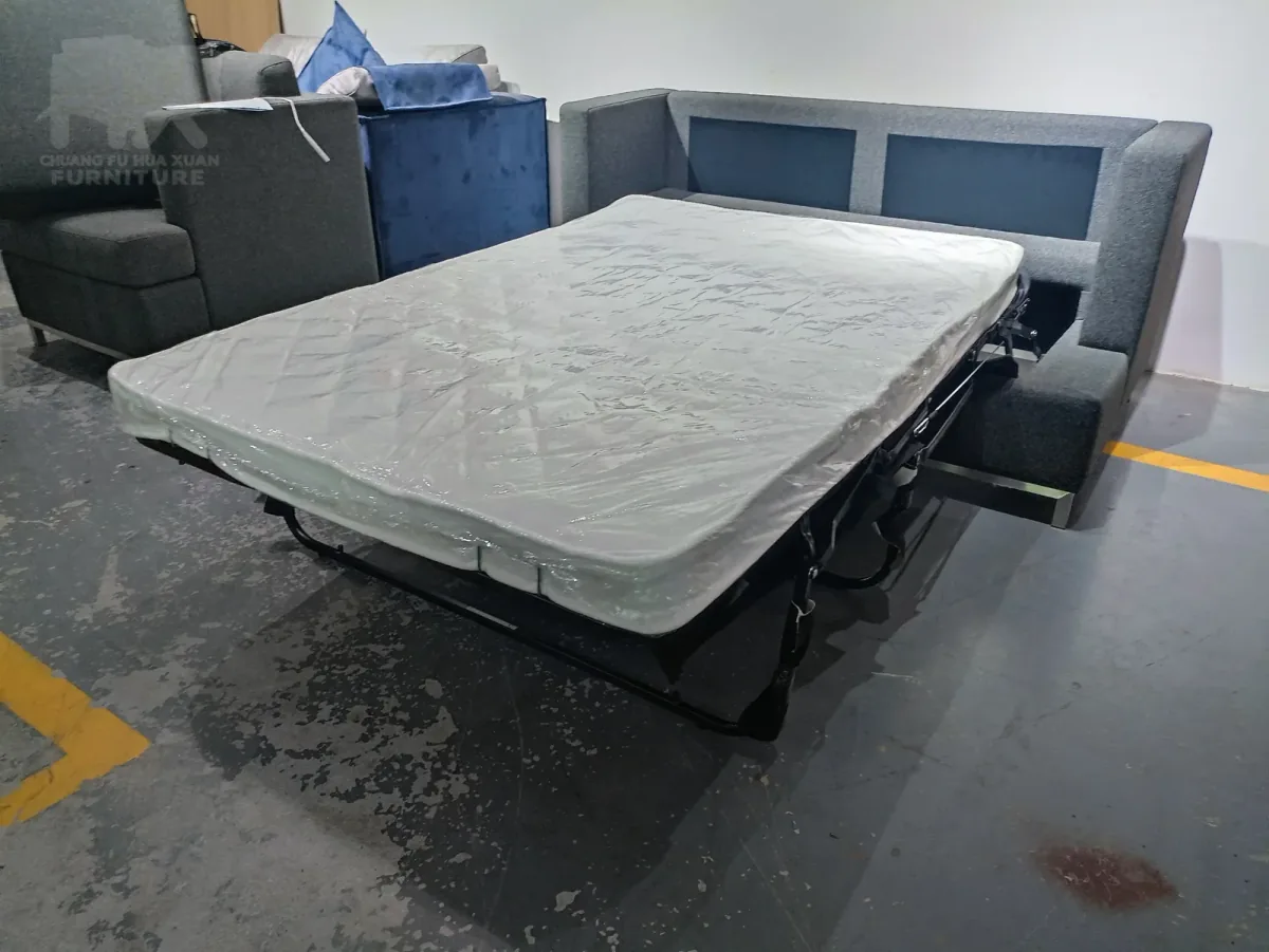 Grey HX-SFB-010 sofa bed opened with mattress and support frame visible