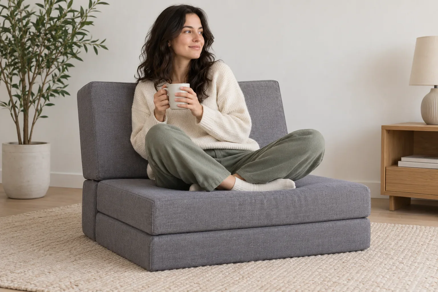 Compact tri-fold floor sofa concept in seated position