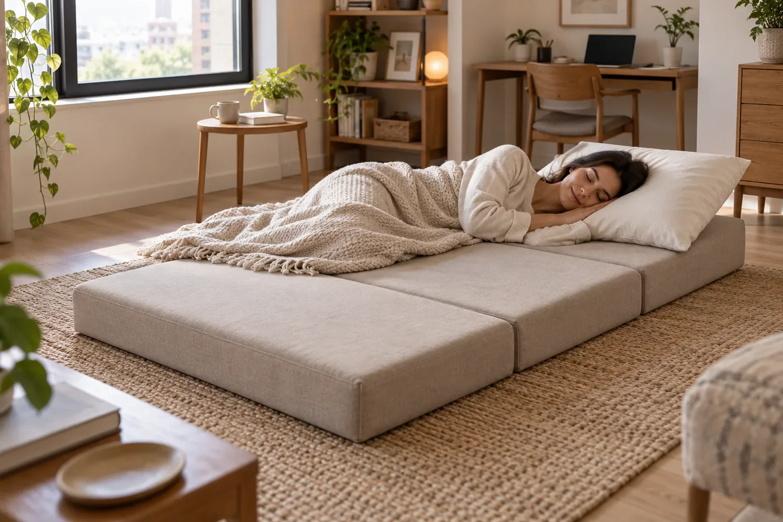 Three-section tri-fold sofa bed concept in open sleeping mode