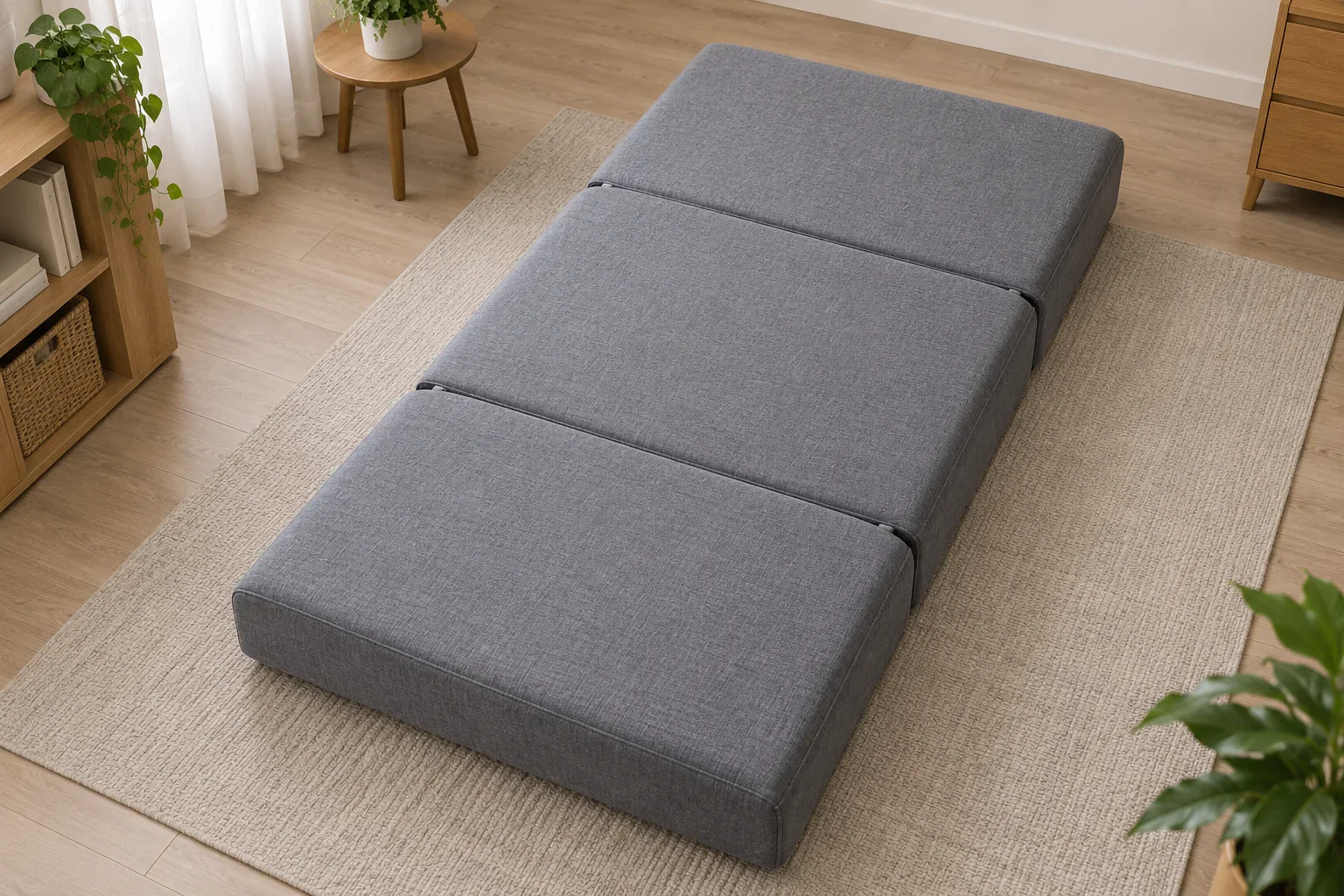 Overhead view of three-section folding sofa bed platform