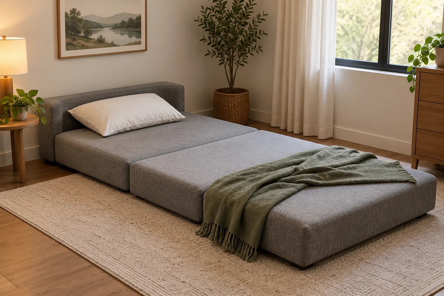 Low tri-fold sofa bed concept in compact guest room