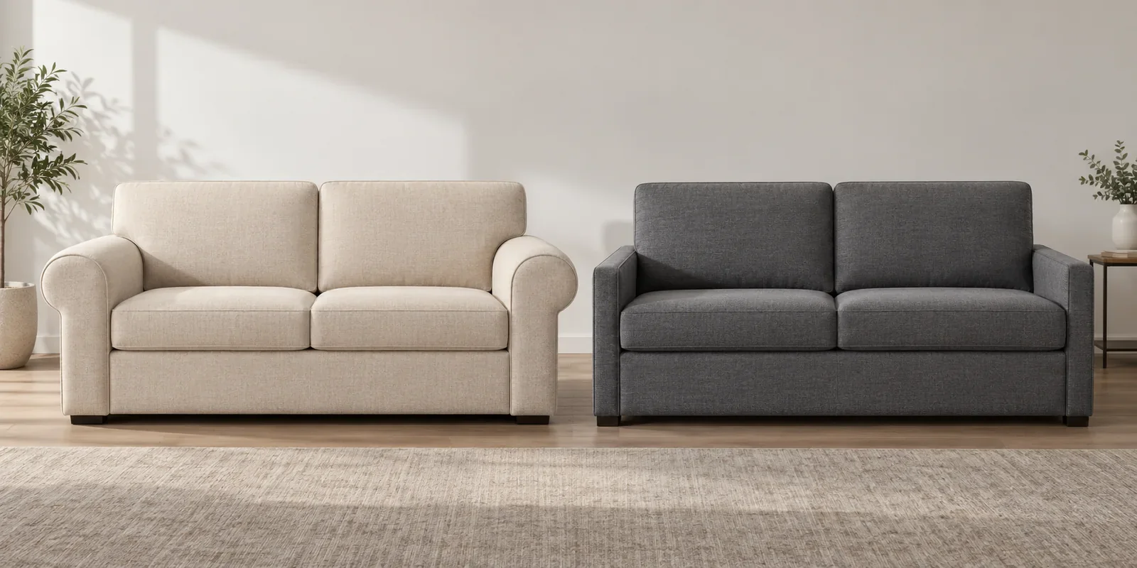 Slim-arm and wide-arm sleeper sofa concepts compared
