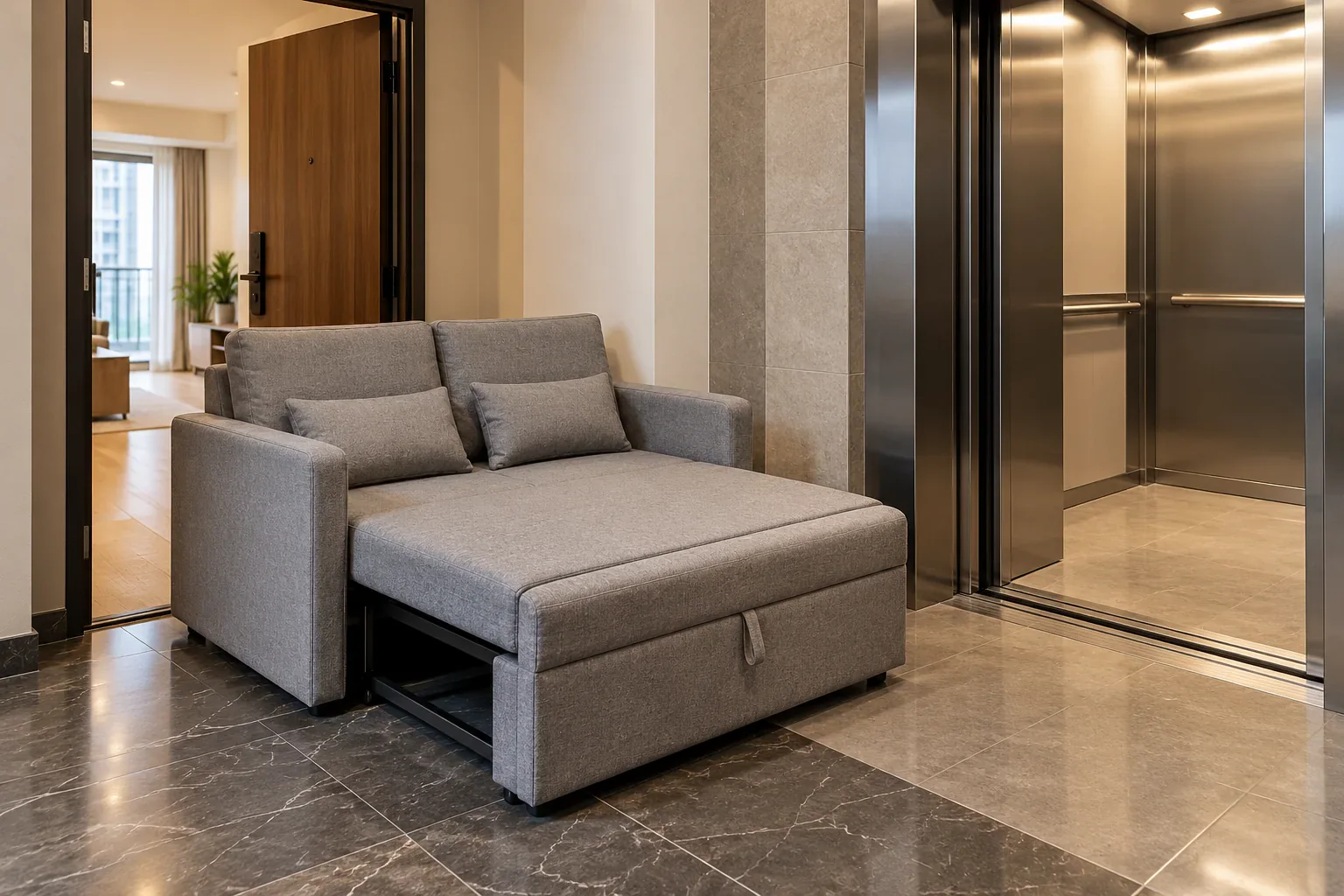 Compact sleeper sofa near apartment doorway and elevator concept