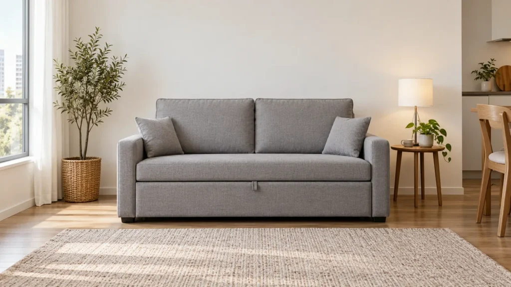 Compact sleeper sofa concept viewed across its overall width