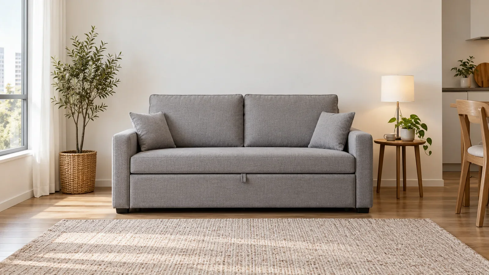 Compact sleeper sofa concept viewed across its overall width