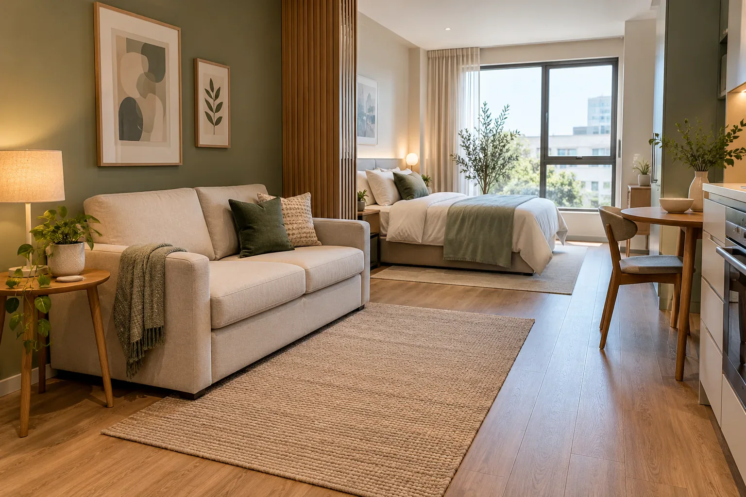 Compact sleeper sofa in a studio room layout