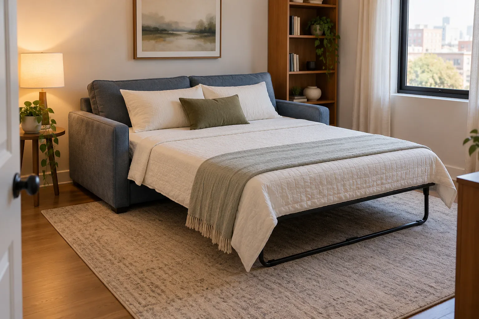 Sleeper sofa opened in a compact room with visible front clearance